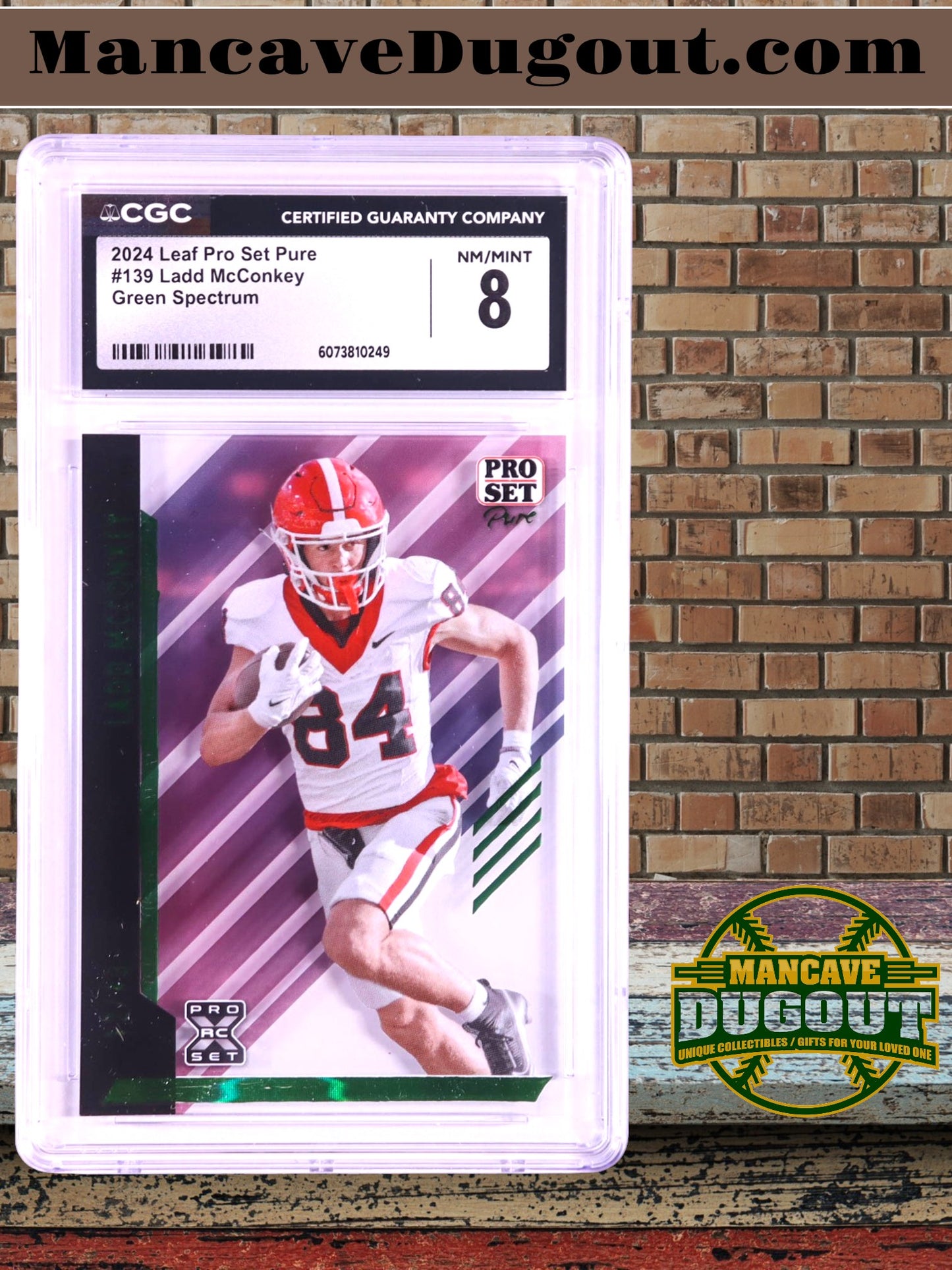 Ladd McConkey — 2024 Leaf Pro Set Pure - Spectrum Green Parallel — Rookie Card #139 – Ser# 12/49 - CGC 8