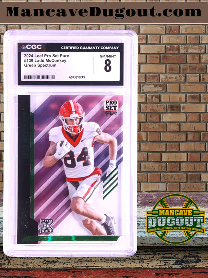 Ladd McConkey — 2024 Leaf Pro Set Pure - Spectrum Green Parallel — Rookie Card #139 – Ser# 12/49 - CGC 8