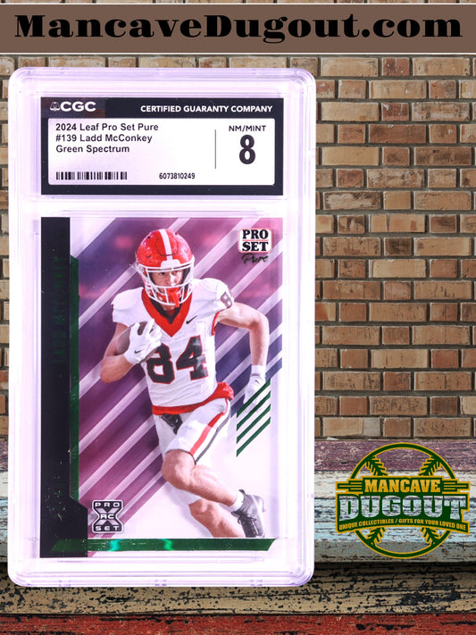 Ladd McConkey — 2024 Leaf Pro Set Pure - Spectrum Green Parallel — Rookie Card #139 – Ser# 12/49 - CGC 8