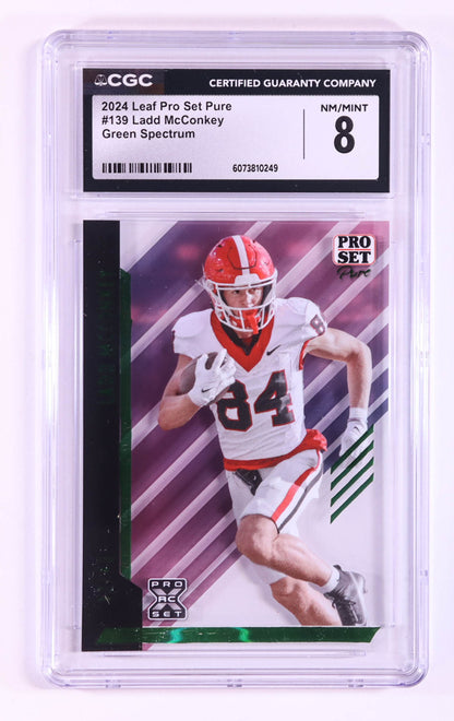 Ladd McConkey — 2024 Leaf Pro Set Pure - Spectrum Green Parallel — Rookie Card #139 – Ser# 12/49 - CGC 8