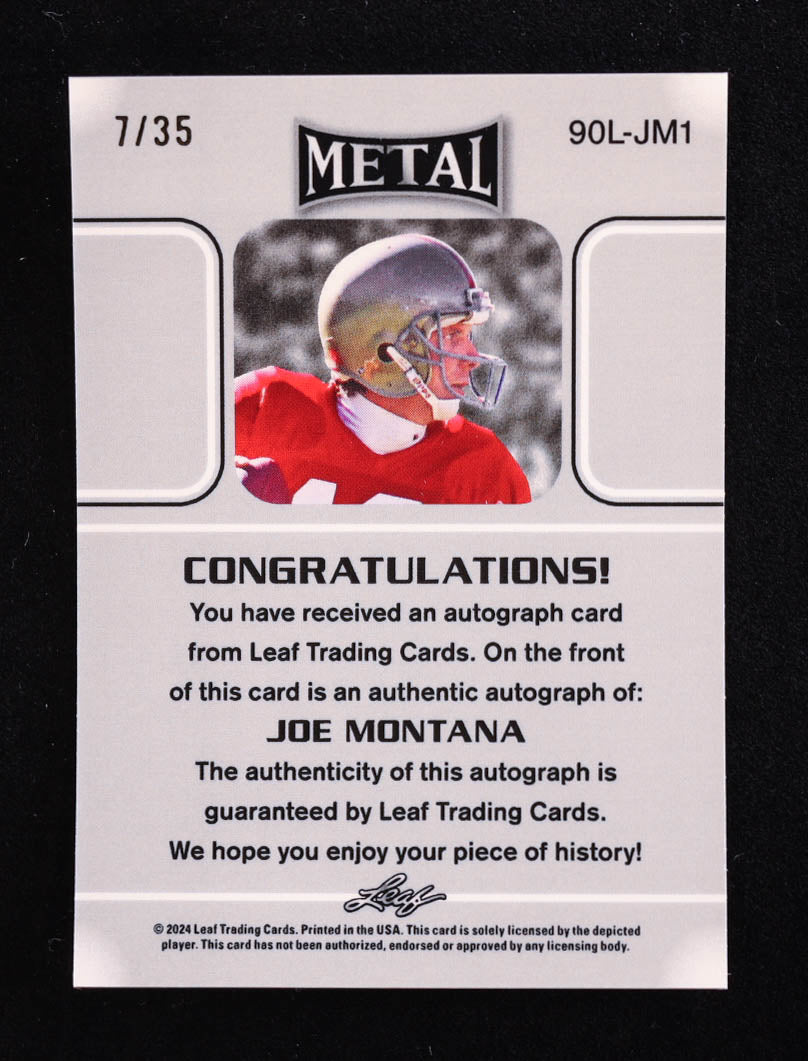 Joe Montana 2024 Leaf Metal Legacy Collection #90L-JM1 Autograph Silver Prismatic SP Variation #/35