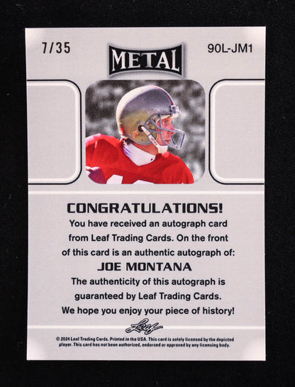 Joe Montana 2024 Leaf Metal Legacy Collection #90L-JM1 Autograph Silver Prismatic SP Variation #/35