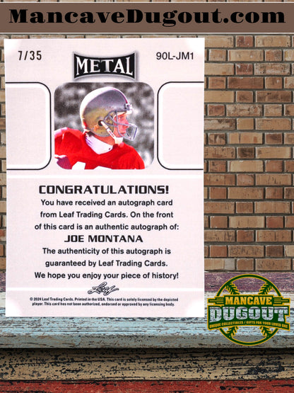 Joe Montana 2024 Leaf Metal Legacy Collection #90L-JM1 Autograph Silver Prismatic SP Variation #/35
