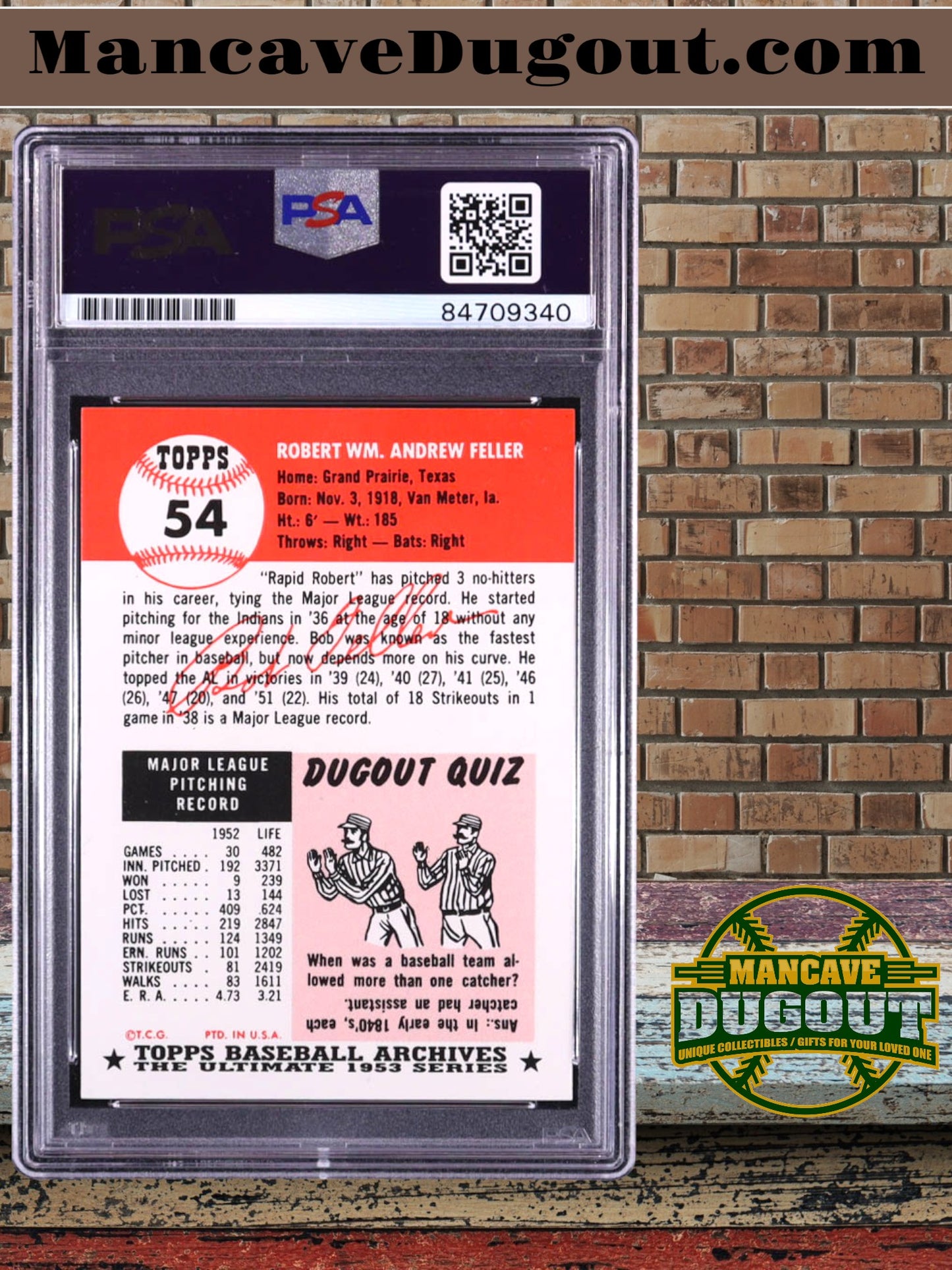 Bob Feller Signed 1991 Topps Archives '53 #54 (PSA)