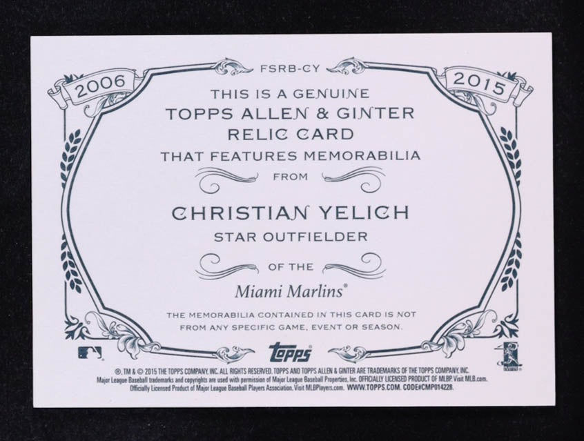 Christian Yelich 2015 Topps Allen and Ginter Relics #FSRBCY B