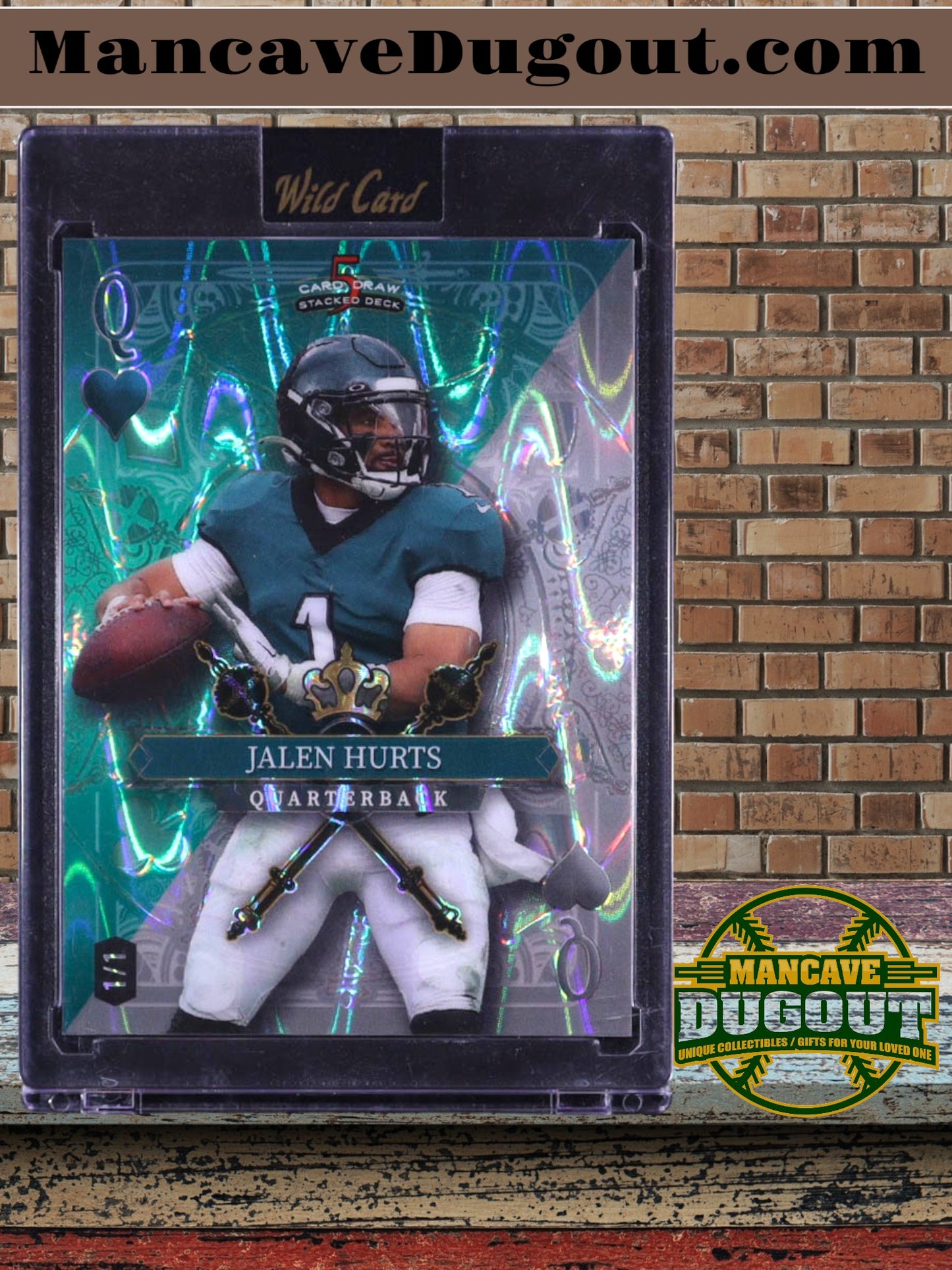 Jalen Hurts 2024 Wild Card 5 Card Draw Stacked Deck Color Match Queen of Hearts Green and Silver Raywave #JHN #1/1