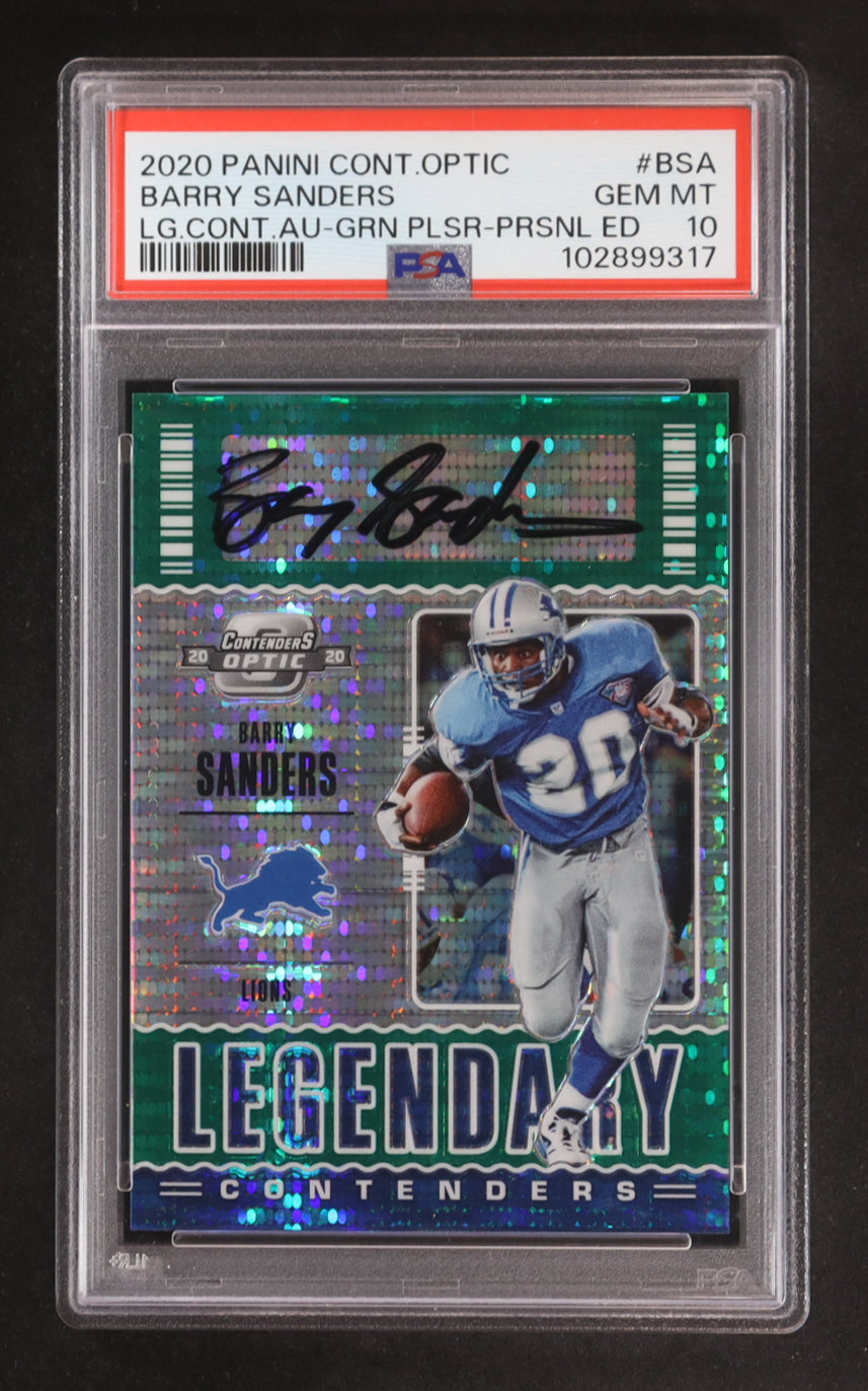 Barry Sanders 2020 Panini Contenders Optic Legendary Contenders Autographs Green Pulsar #9 PE (PSA 10)