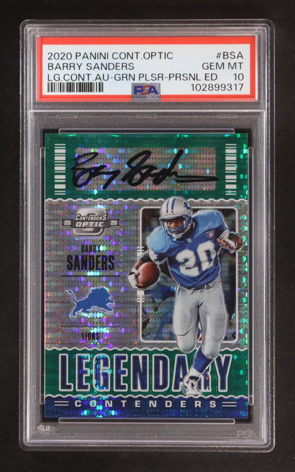 Barry Sanders 2020 Panini Contenders Optic Legendary Contenders Autographs Green Pulsar #9 PE (PSA 10)