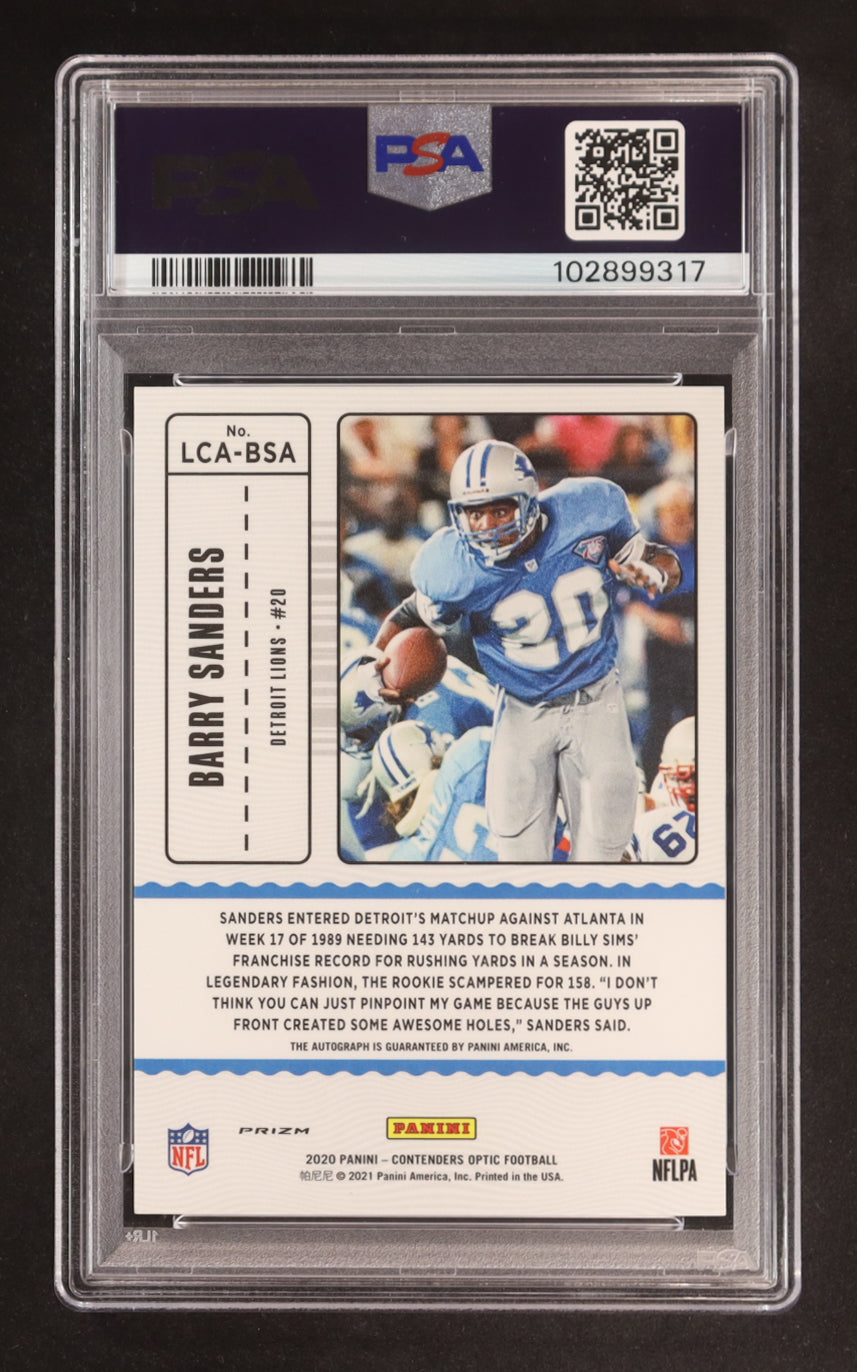 Barry Sanders 2020 Panini Contenders Optic Legendary Contenders Autographs Green Pulsar #9 PE (PSA 10)