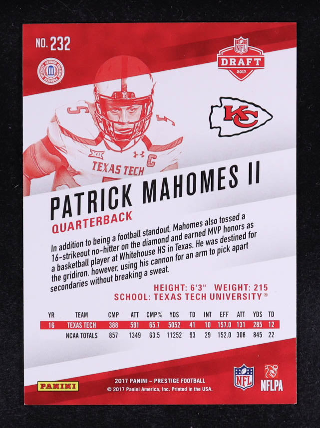 Patrick Mahomes II 2017 Panini Prestige #232 RC - Rookie Card