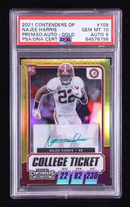 Najee Harris 2021 Panini Contenders Draft Picks Premium Edition Gold #109 Autograph #03/10 RC (PSA 10 | Auto 9)