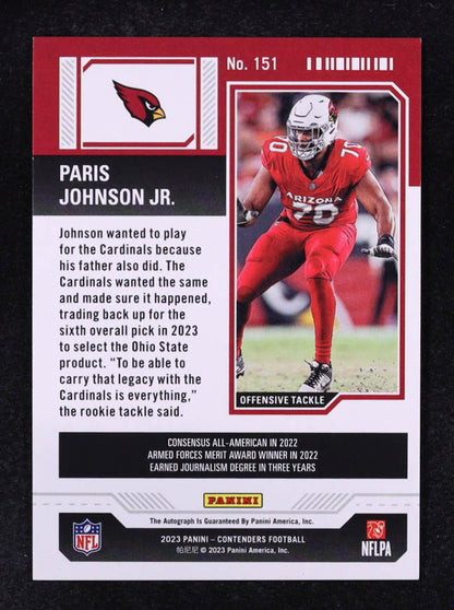 Paris Johnson Jr. 2023 Panini Contenders Opening Kickoff Ticket #151 - Autograph Rookie Card (AU RC)