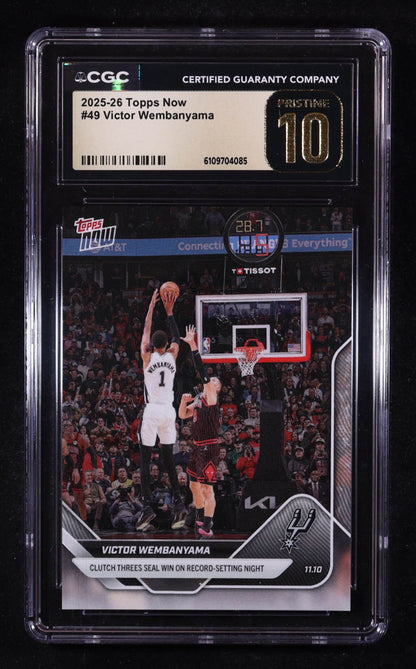 Victor Wembanyama 2025 26 Topps Now #49 - CGC 10 Pristine Black Label – Early Career Showcase