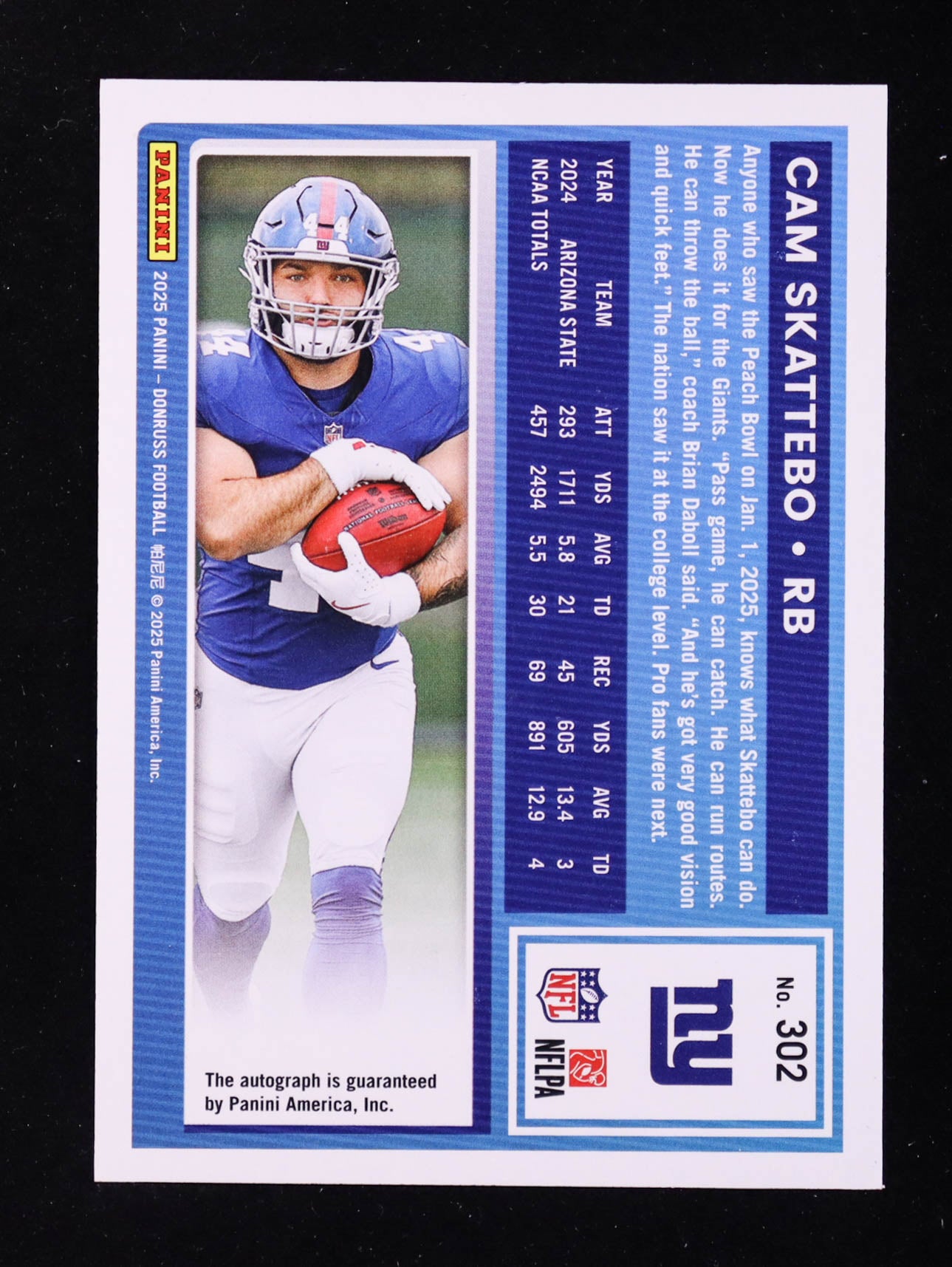 Cam Skattebo 2025 Donruss Rated Rookies Autographs Green #302 RC