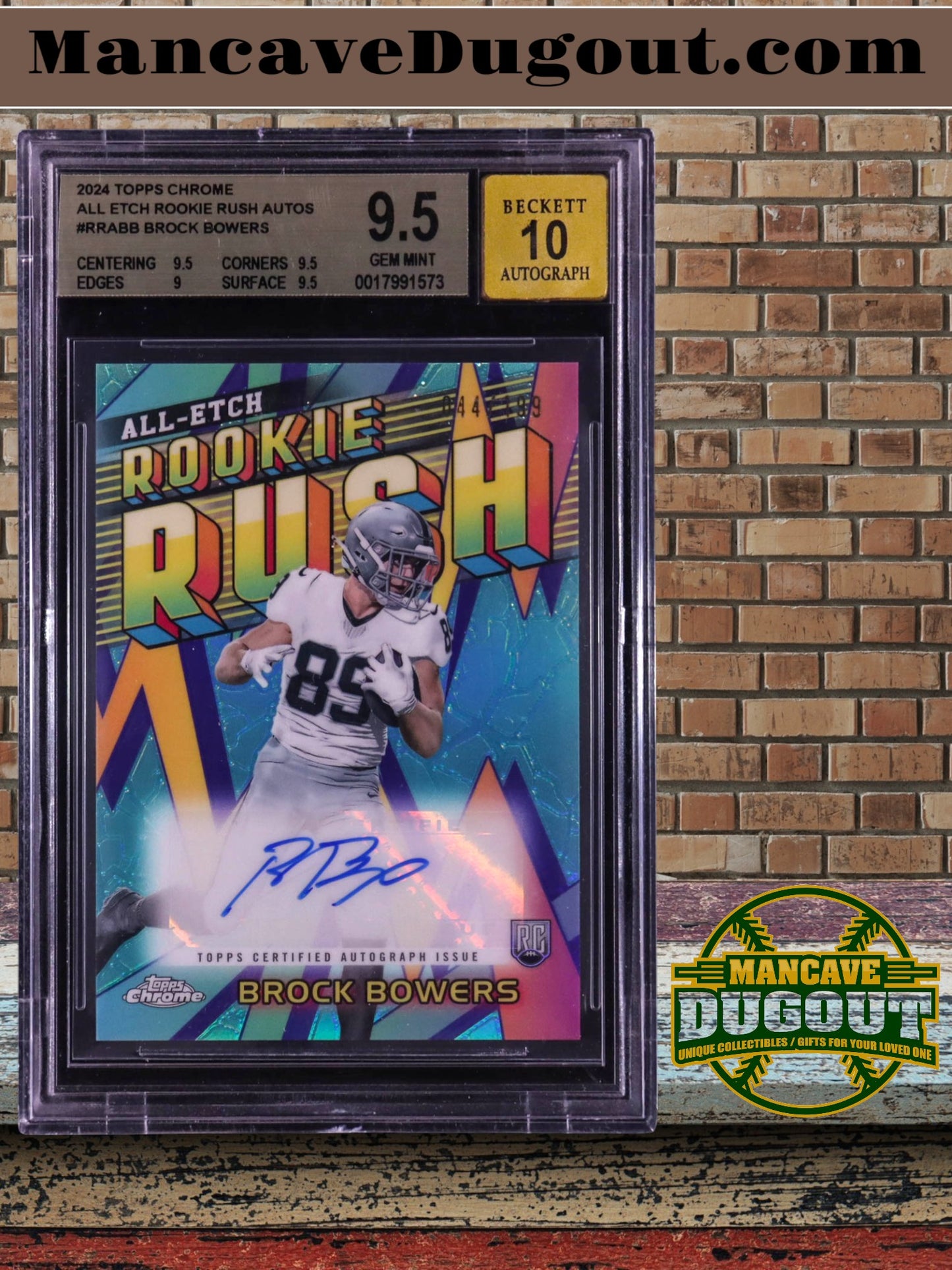 Brock Bowers 2024 Topps Chrome All Etch Rookie Rush Autographs Aqua Refractors RRABB No. 044 of 199 RC (BGS 9.5  Auto 10)