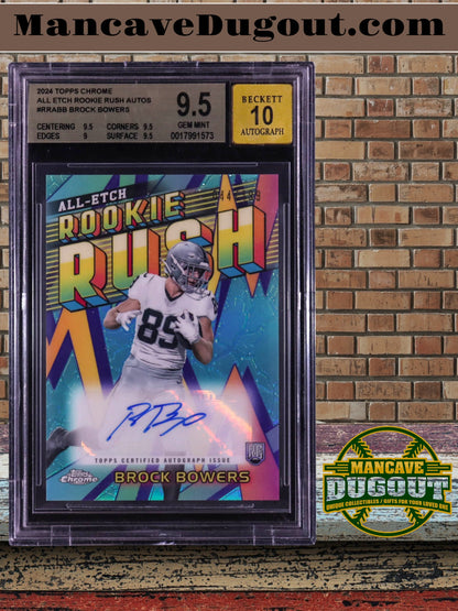 Brock Bowers 2024 Topps Chrome All Etch Rookie Rush Autographs Aqua Refractors RRABB No. 044 of 199 RC (BGS 9.5  Auto 10)