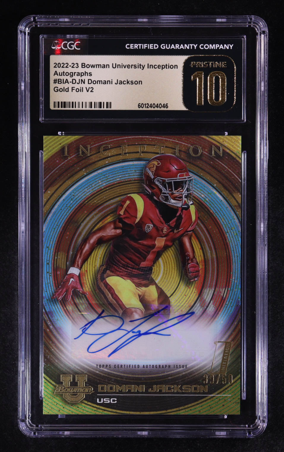 Domani Jackson 2022 23 Bowman Inception University - Autographs Gold Foil V2 – #BIADJN (RC) – # 39/50 - CGC 10 Pristine Black Label