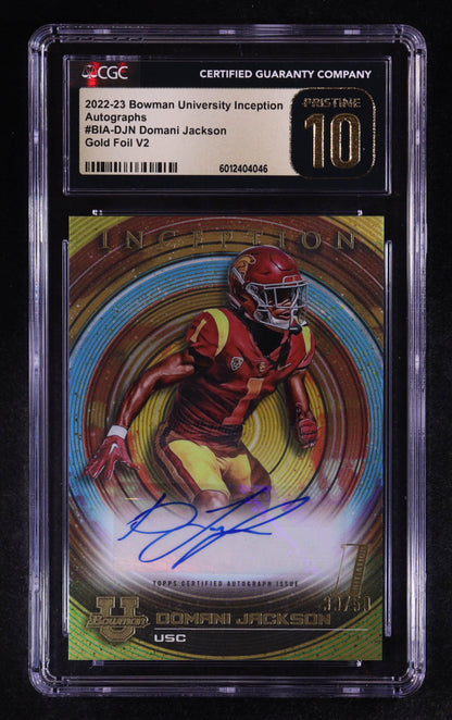 Domani Jackson 2022 23 Bowman Inception University - Autographs Gold Foil V2 – #BIADJN (RC) – # 39/50 - CGC 10 Pristine Black Label