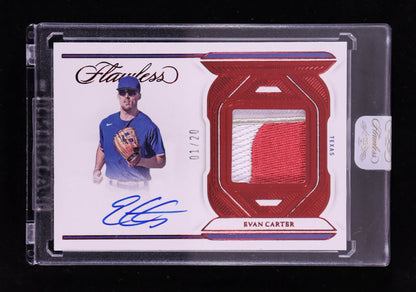 Evan Carter 2023 Panini Flawless - Signature Materials – Ruby Parallel #52-(RC)–#01/20 (First Off the Line)