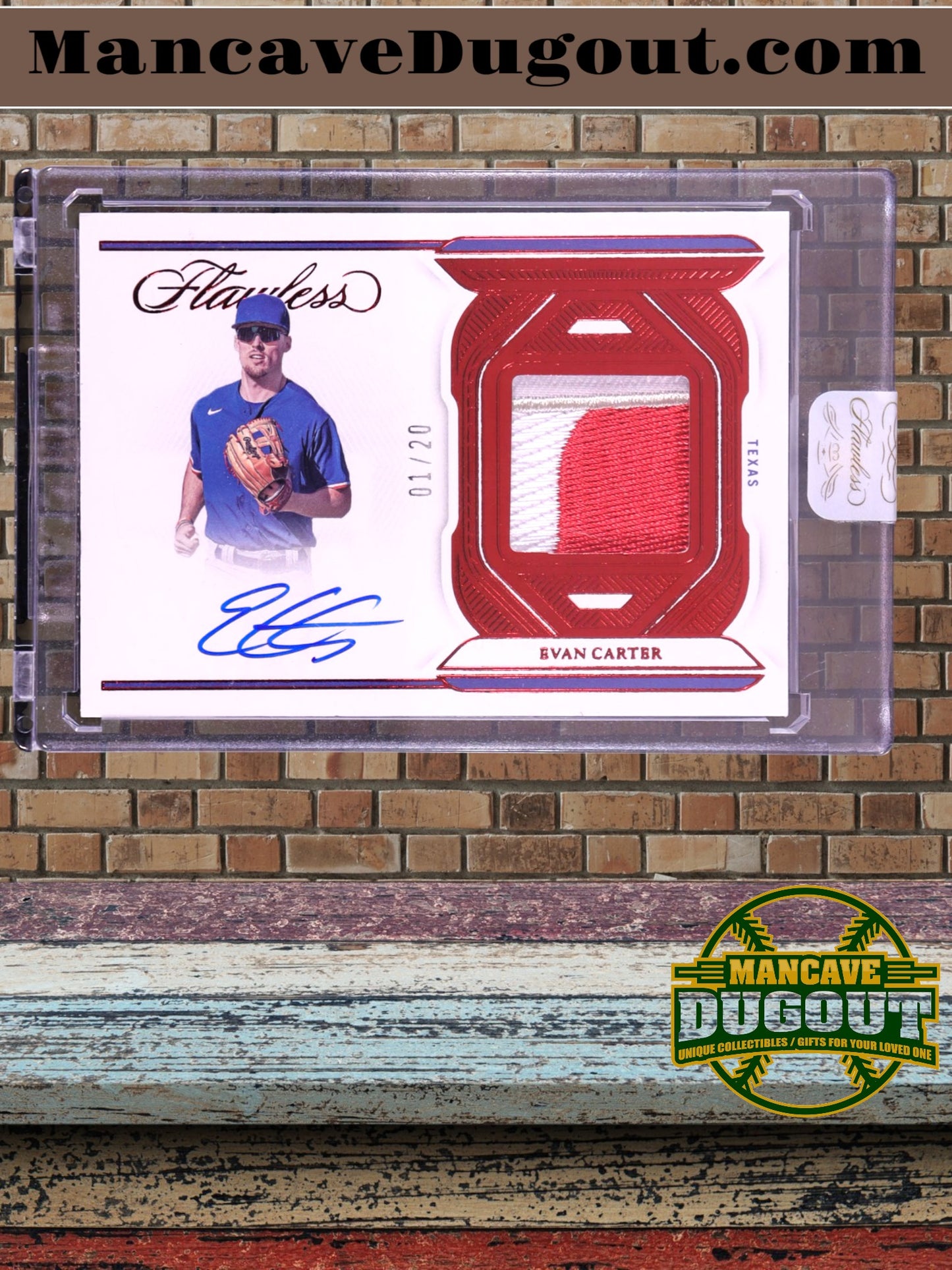Evan Carter 2023 Panini Flawless - Signature Materials – Ruby Parallel #52-(RC)–#01/20 (First Off the Line)