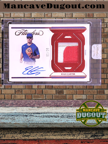 Evan Carter 2023 Panini Flawless - Signature Materials – Ruby Parallel #52-(RC)–#01/20 (First Off the Line)