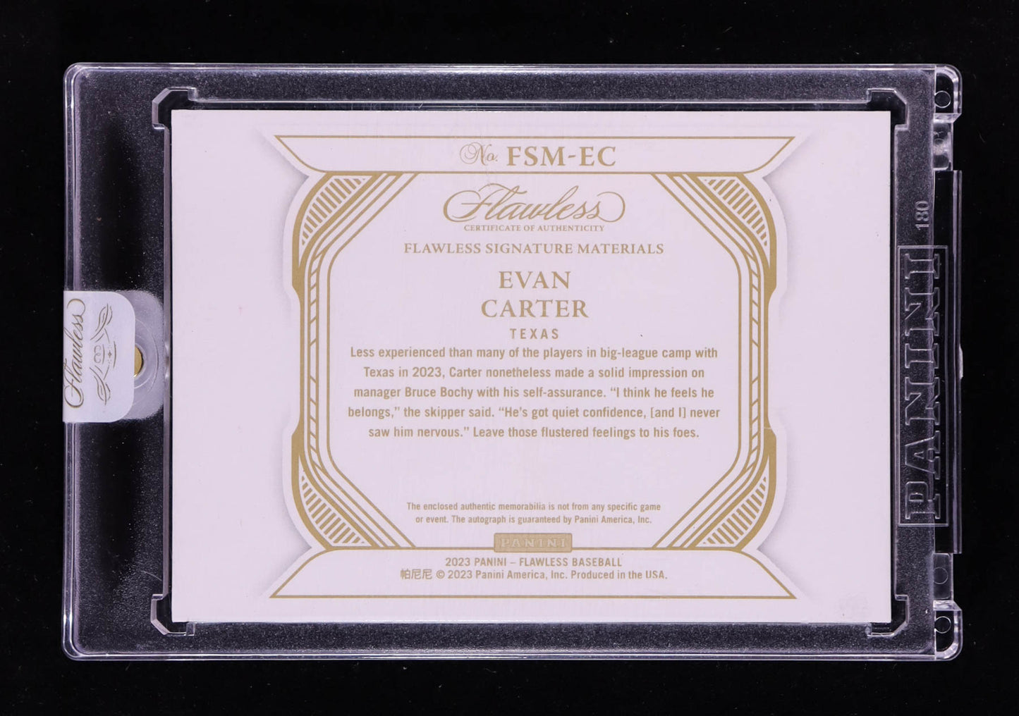 Evan Carter 2023 Panini Flawless - Signature Materials – Ruby Parallel #52-(RC)–#01/20 (First Off the Line)