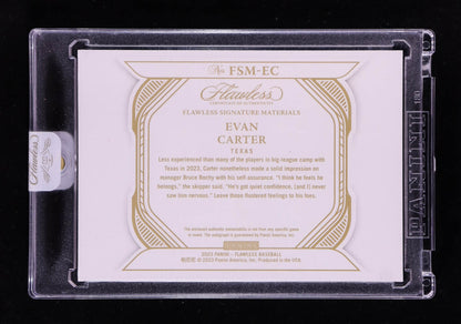 Evan Carter 2023 Panini Flawless - Signature Materials – Ruby Parallel #52-(RC)–#01/20 (First Off the Line)