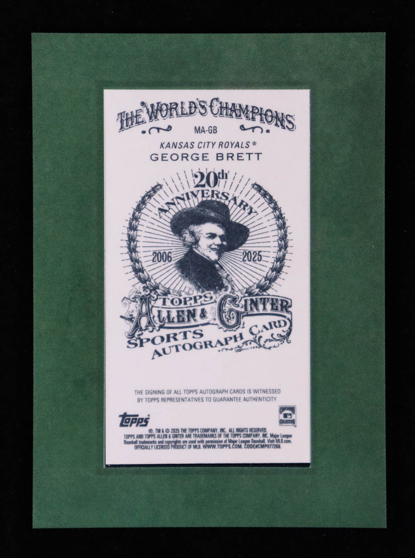 George Brett — 2025 Topps Allen & Ginter - Framed Mini Autographs — Green Frame - Card #MAGB — Serial #44/50