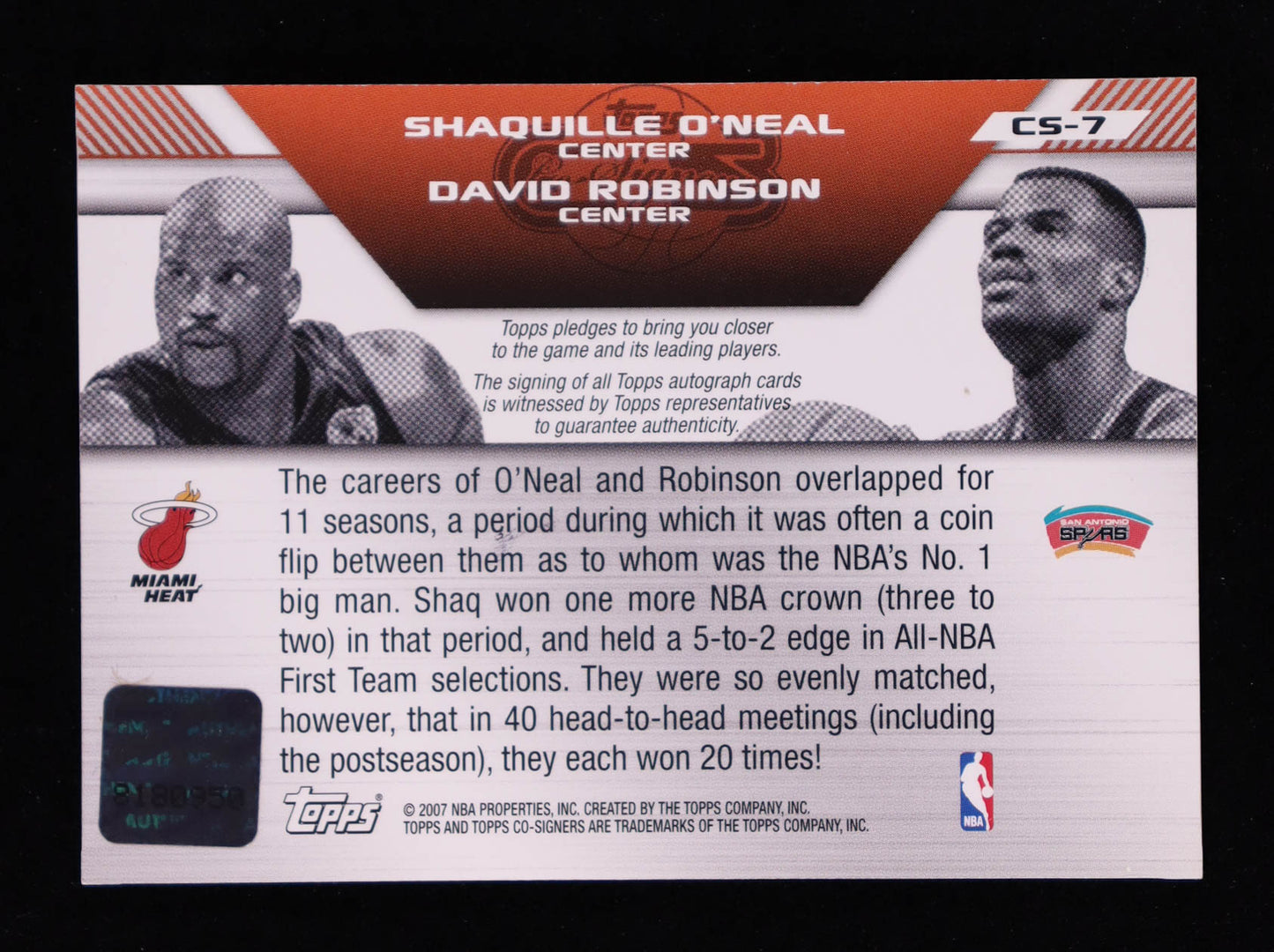 Shaquille O’Neal & David Robinson - 2007 08 Topps Co Signers Dual Autographs #CS7
