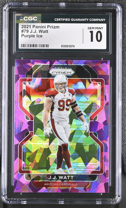 J.J. Watt — 2021 Panini Prizm - Purple Ice Parallel #79 — Serial #110/225 - CGC 10 Gem Mint