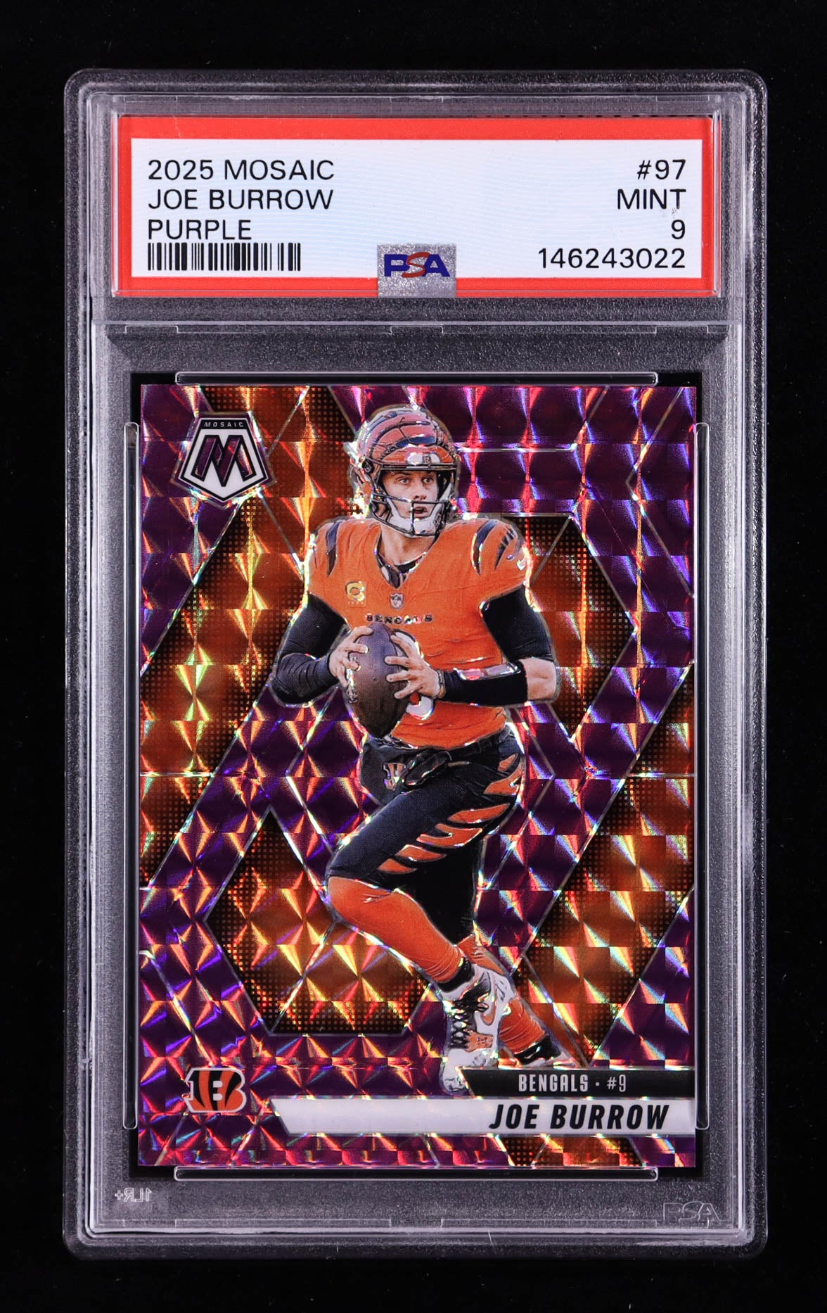 Joe Burrow — 2025 Panini Mosaic - Mosaic Purple Parallel #97 — Serial #28/49 - PSA 9 (Mint)