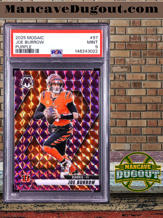 Joe Burrow — 2025 Panini Mosaic - Mosaic Purple Parallel #97 — Serial #28/49 - PSA 9 (Mint)