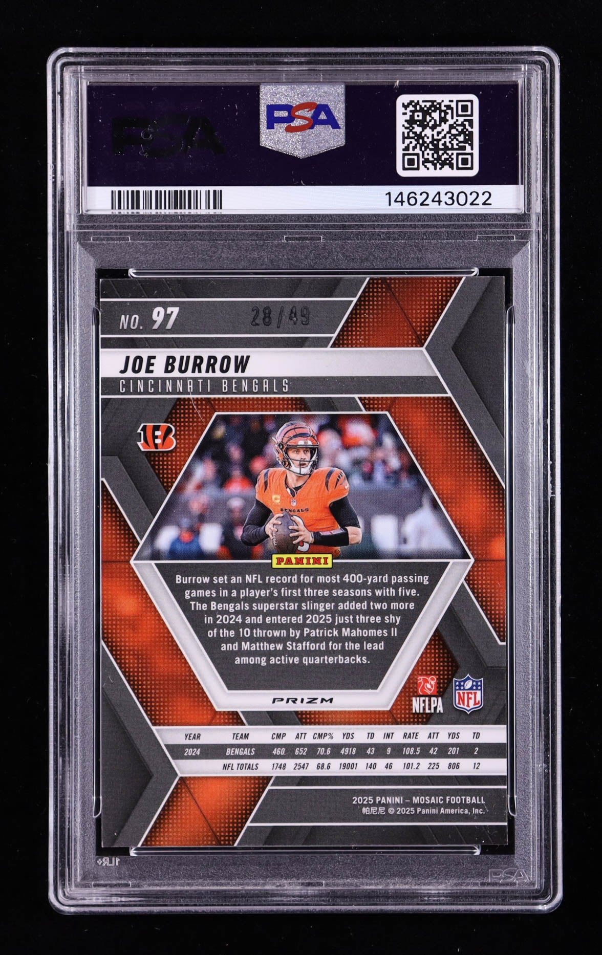 Joe Burrow — 2025 Panini Mosaic - Mosaic Purple Parallel #97 — Serial #28/49 - PSA 9 (Mint)