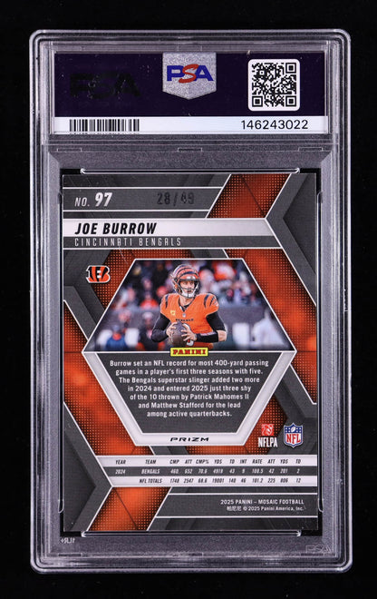 Joe Burrow — 2025 Panini Mosaic - Mosaic Purple Parallel #97 — Serial #28/49 - PSA 9 (Mint)