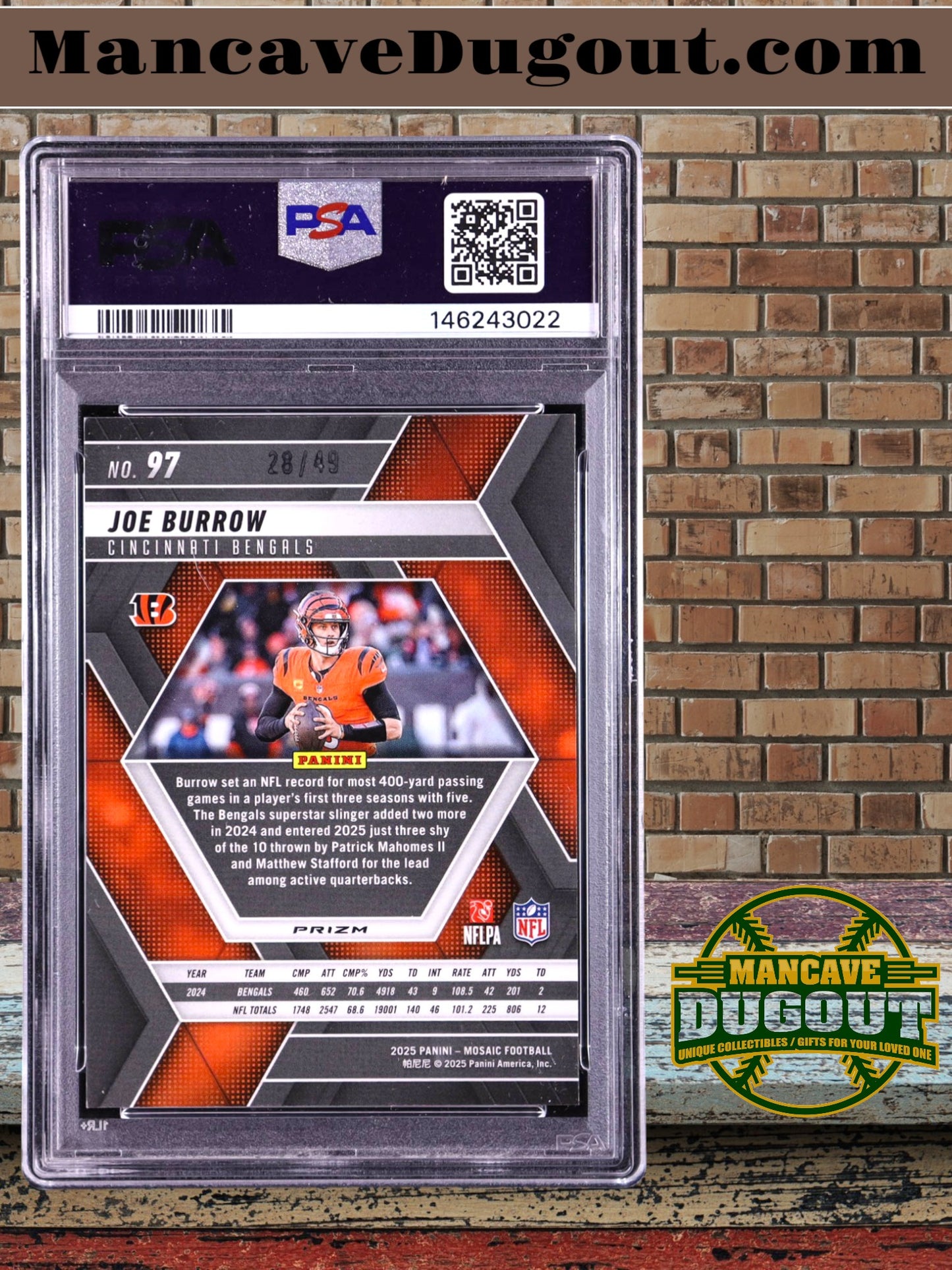 Joe Burrow — 2025 Panini Mosaic - Mosaic Purple Parallel #97 — Serial #28/49 - PSA 9 (Mint)