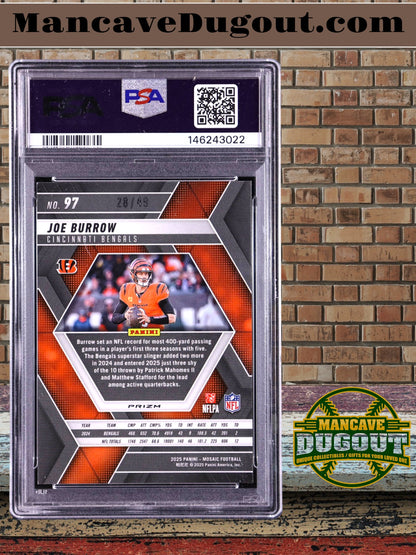 Joe Burrow — 2025 Panini Mosaic - Mosaic Purple Parallel #97 — Serial #28/49 - PSA 9 (Mint)