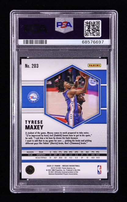 Tyrese Maxey — 2020 21 Panini Mosaic - Mosaic Base Rookie Card #203 - PSA 9 (Mint)