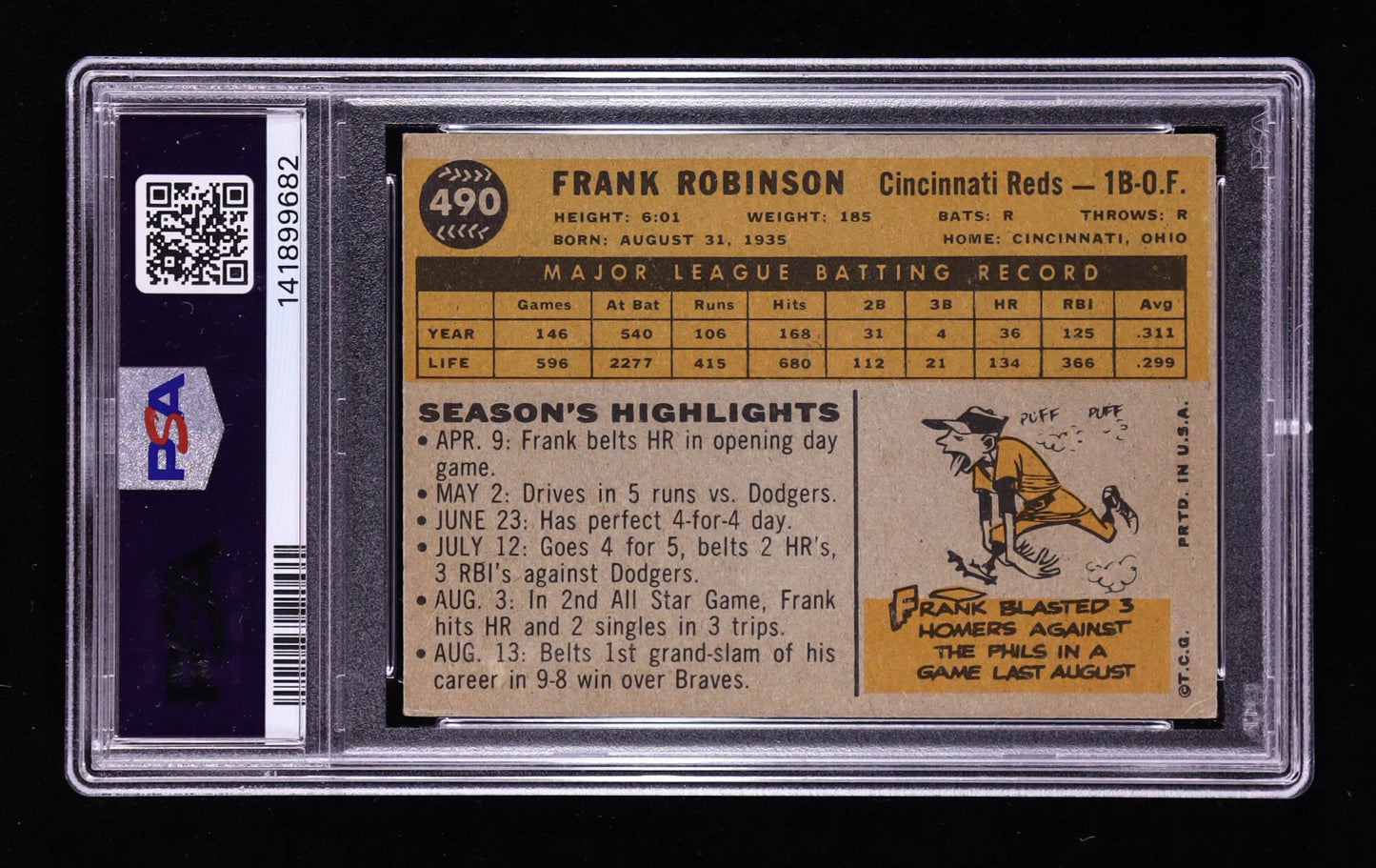 Frank Robinson — 1960 Topps #490 - PSA 3 (VG) — Hall of Fame Legend