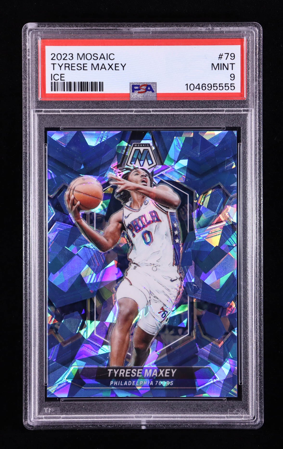 Tyrese Maxey — 2023 24 Panini Mosaic - Mosaic Ice Parallel #79 — Serial #109/125 - PSA 9 (Mint)