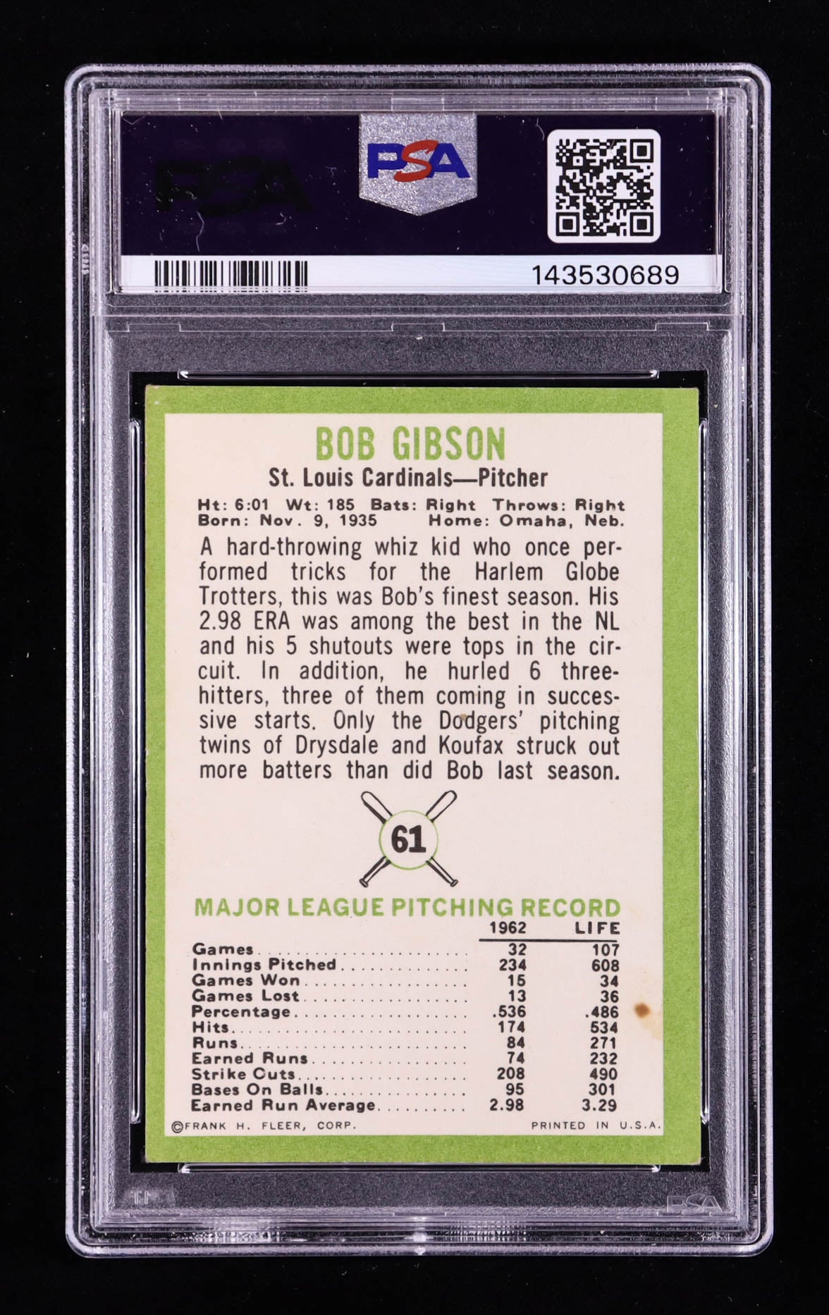 Bob Gibson — 1963 Fleer #61 - PSA 3 (VG) — Hall of Fame Pitching Legend