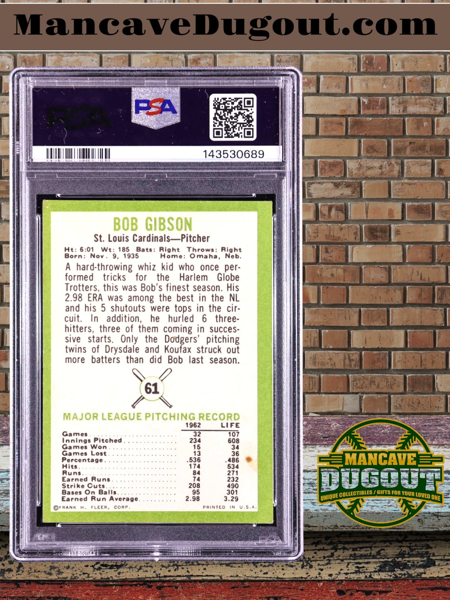 Bob Gibson — 1963 Fleer #61 - PSA 3 (VG) — Hall of Fame Pitching Legend