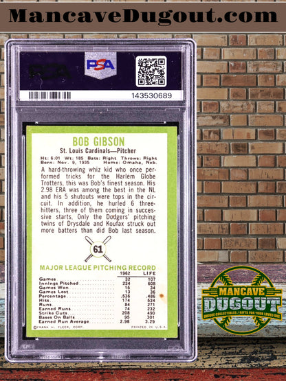 Bob Gibson — 1963 Fleer #61 - PSA 3 (VG) — Hall of Fame Pitching Legend