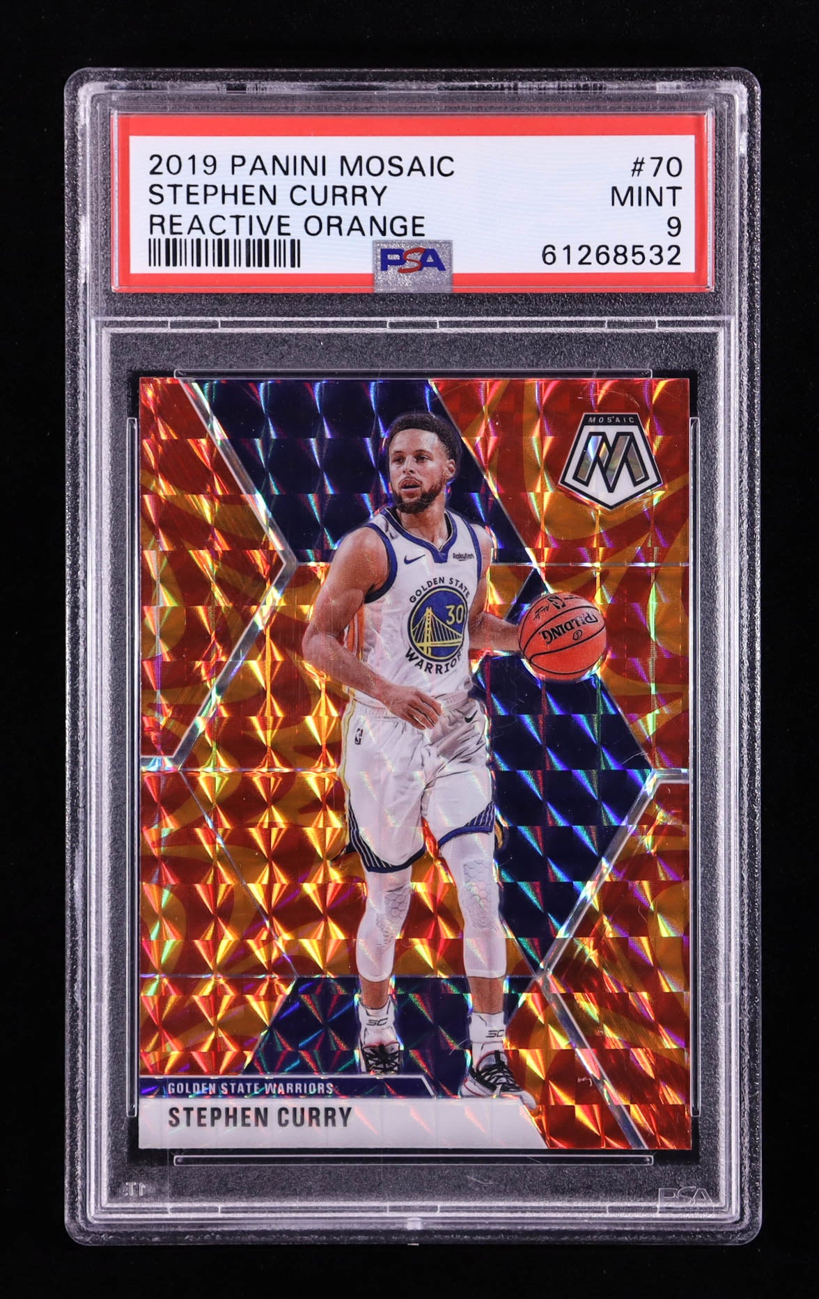 Stephen Curry — 2019 20 Panini Mosaic - Mosaic Orange Reactive Parallel #70 - PSA 9 (Mint)