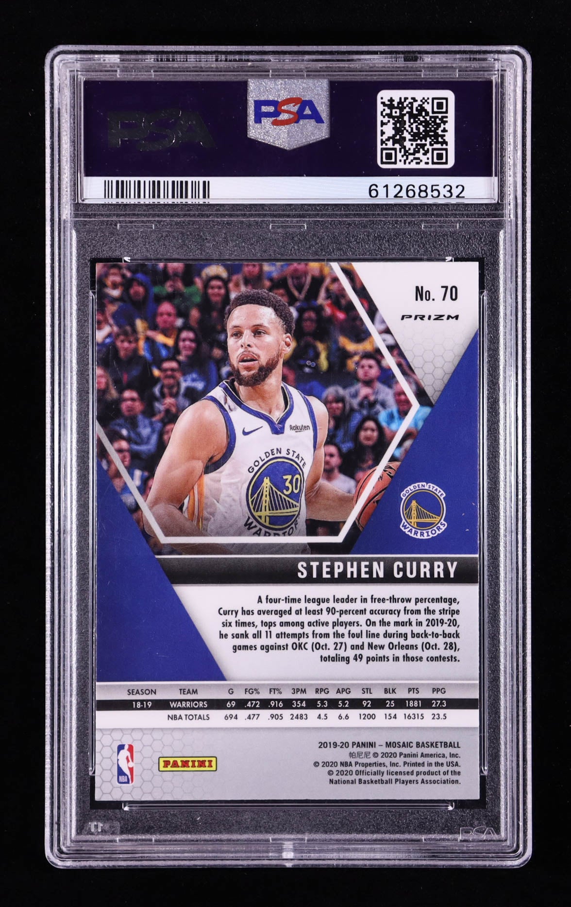 Stephen Curry — 2019 20 Panini Mosaic - Mosaic Orange Reactive Parallel #70 - PSA 9 (Mint)