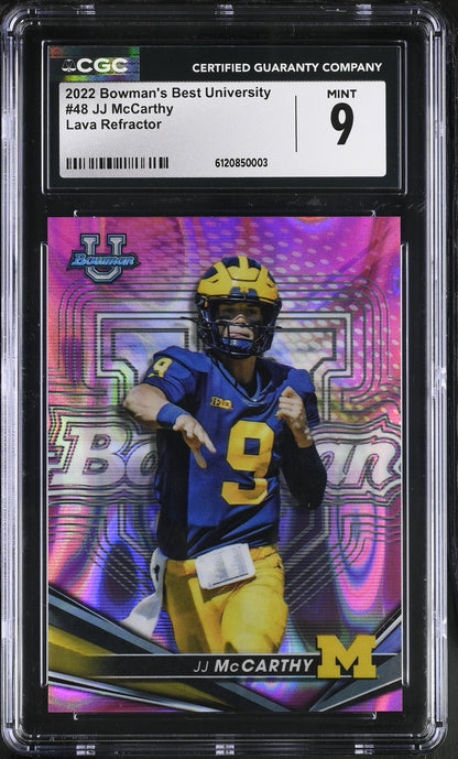 JJ McCarthy — 2022 Bowman’s Best University - Lava Refractor Parallel — Rookie Card #48 Serial #024/100 — CGC 9 (Mint)