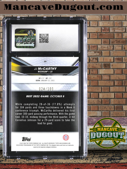 JJ McCarthy — 2022 Bowman’s Best University - Lava Refractor Parallel — Rookie Card #48 Serial #024/100 — CGC 9 (Mint)