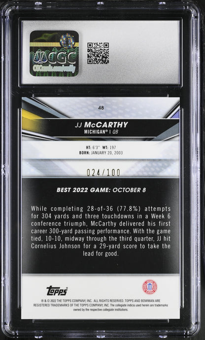JJ McCarthy — 2022 Bowman’s Best University - Lava Refractor Parallel — Rookie Card #48 Serial #024/100 — CGC 9 (Mint)