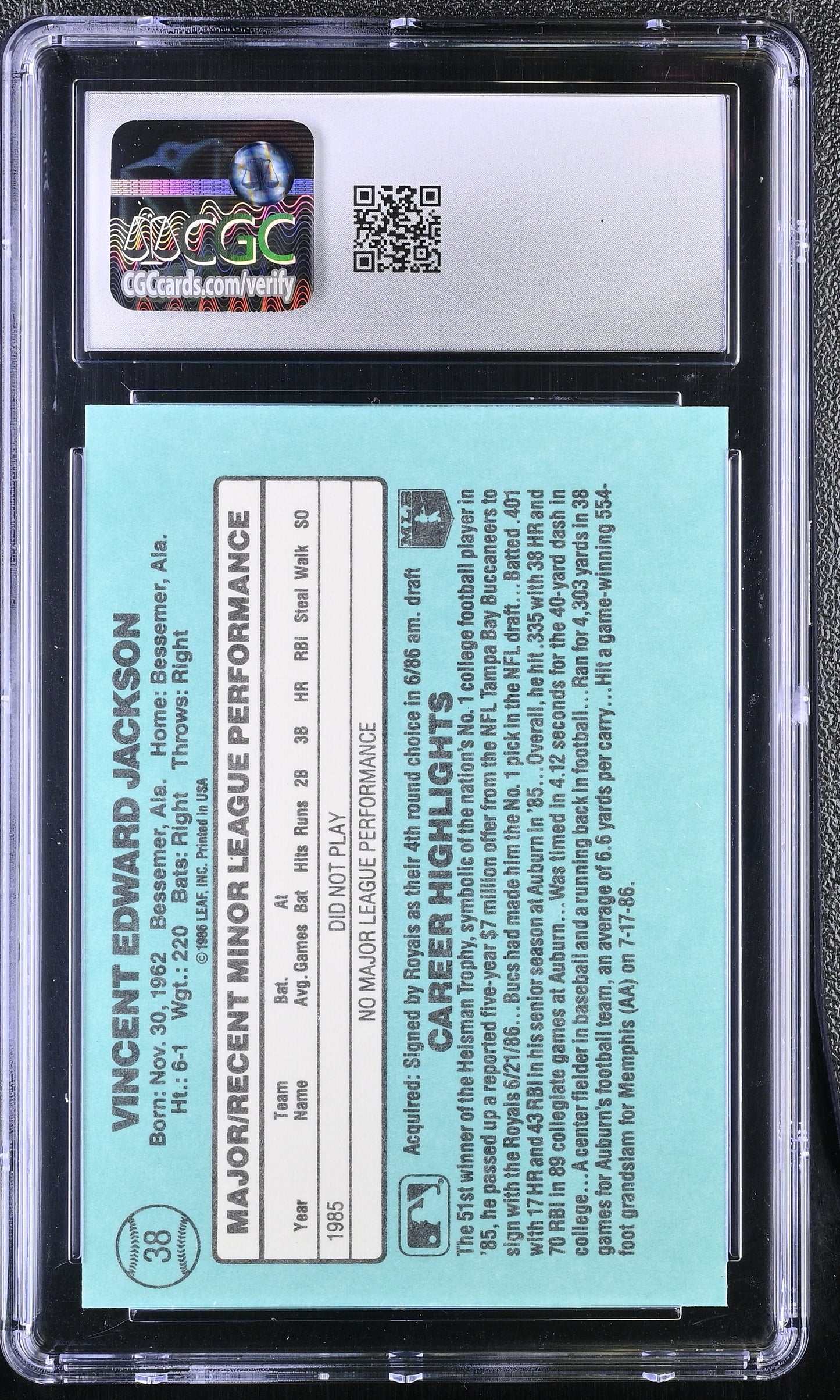 Bo Jackson — 1986 Donruss The Rookies #38 - Rookie Card (RC) - CGC 8.5 (Near Mint–Mint+)