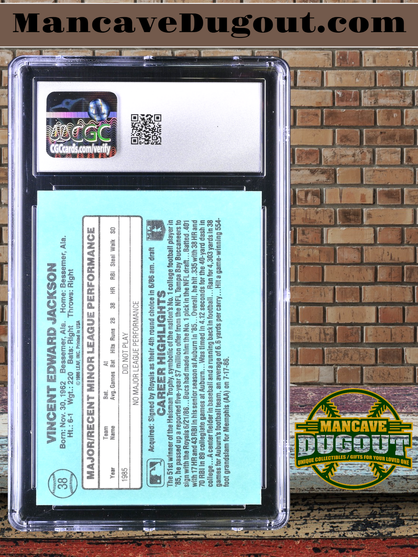 Bo Jackson — 1986 Donruss The Rookies #38 - Rookie Card (RC) - CGC 8.5 (Near Mint–Mint+)