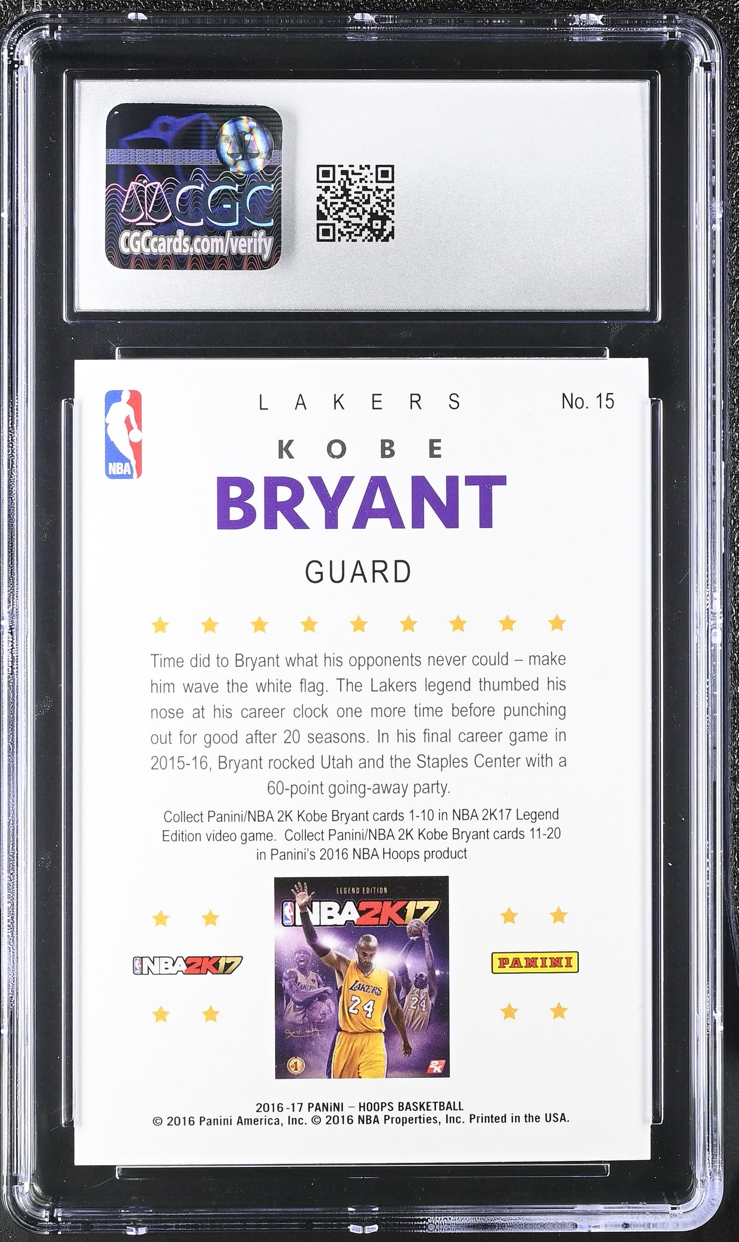 Kobe Bryant — 2016 17 Panini Hoops - Kobe 2K17 Insert — Card #15 - CGC 10 Gem Mint